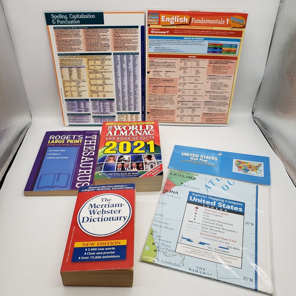 Reference Book and Map Lot Thesaurus Dictionary Almanac US Map English Guides